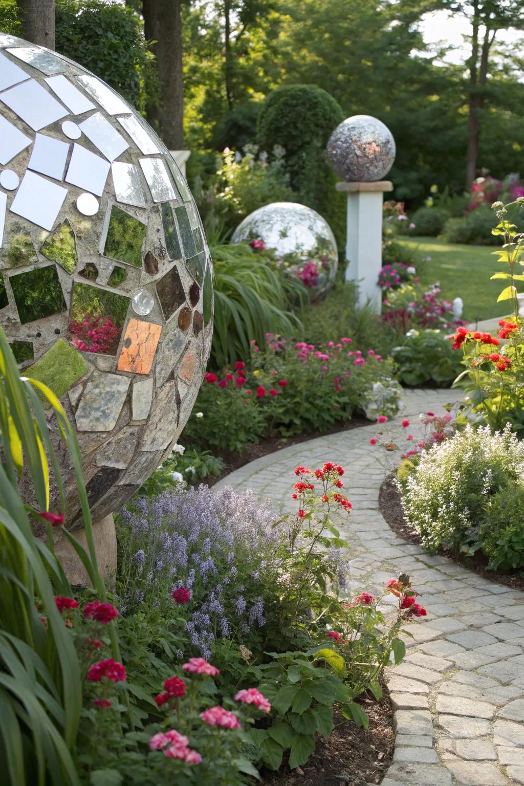 Mirror garden art brings reflective charm outdoors.