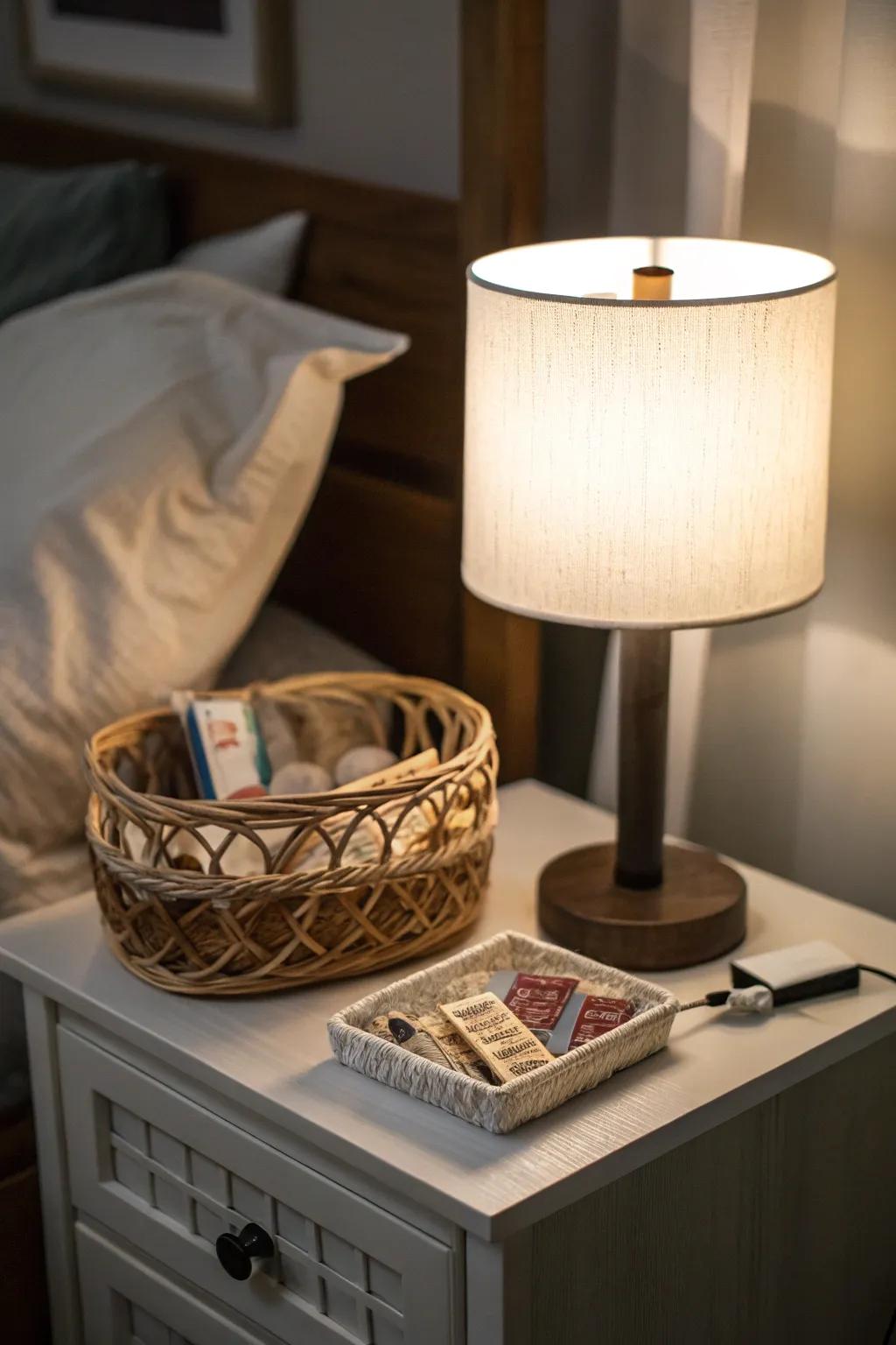 Functional accessories add a polished look to the bedroom.