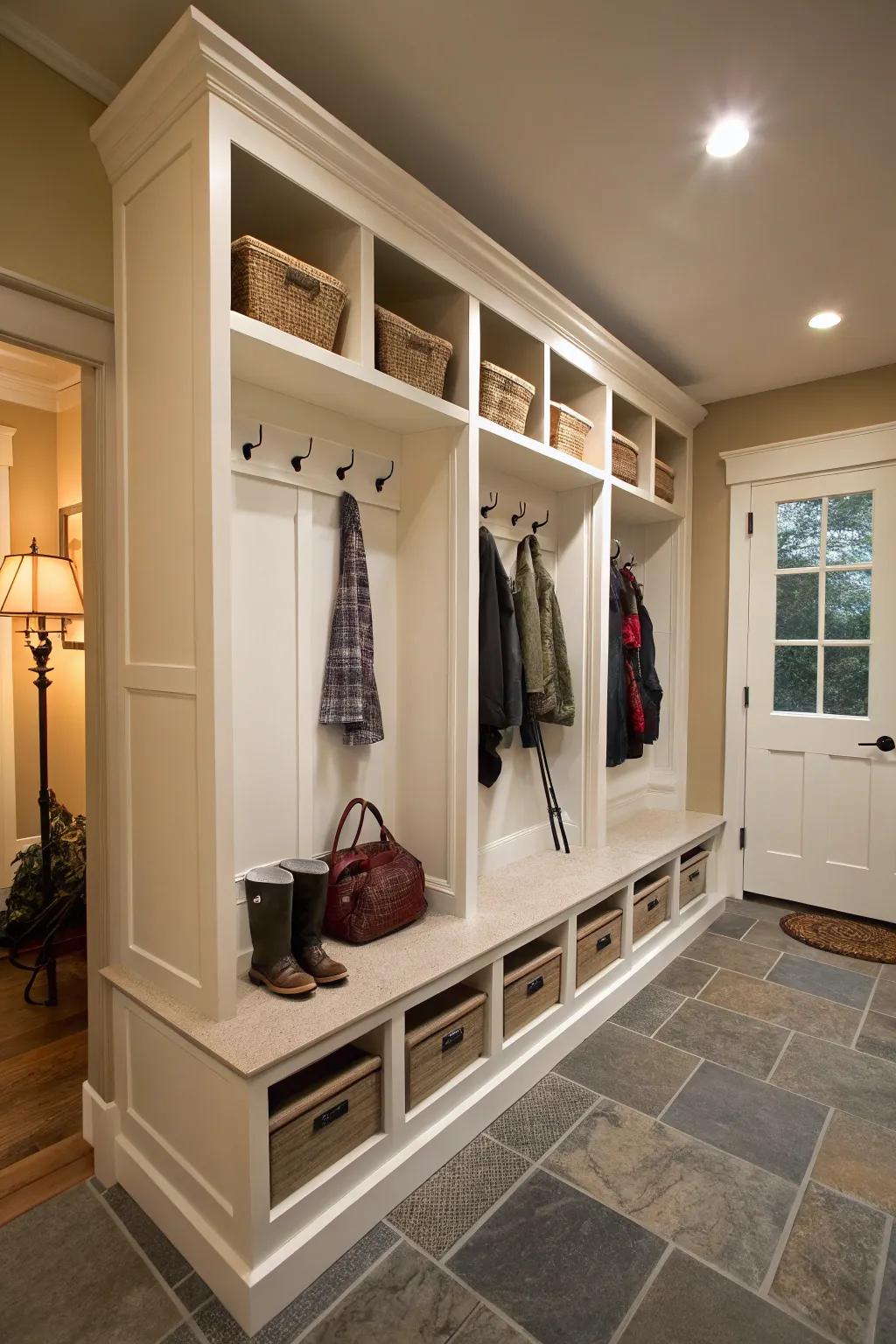 A mudroom transformed with built-in lockers.