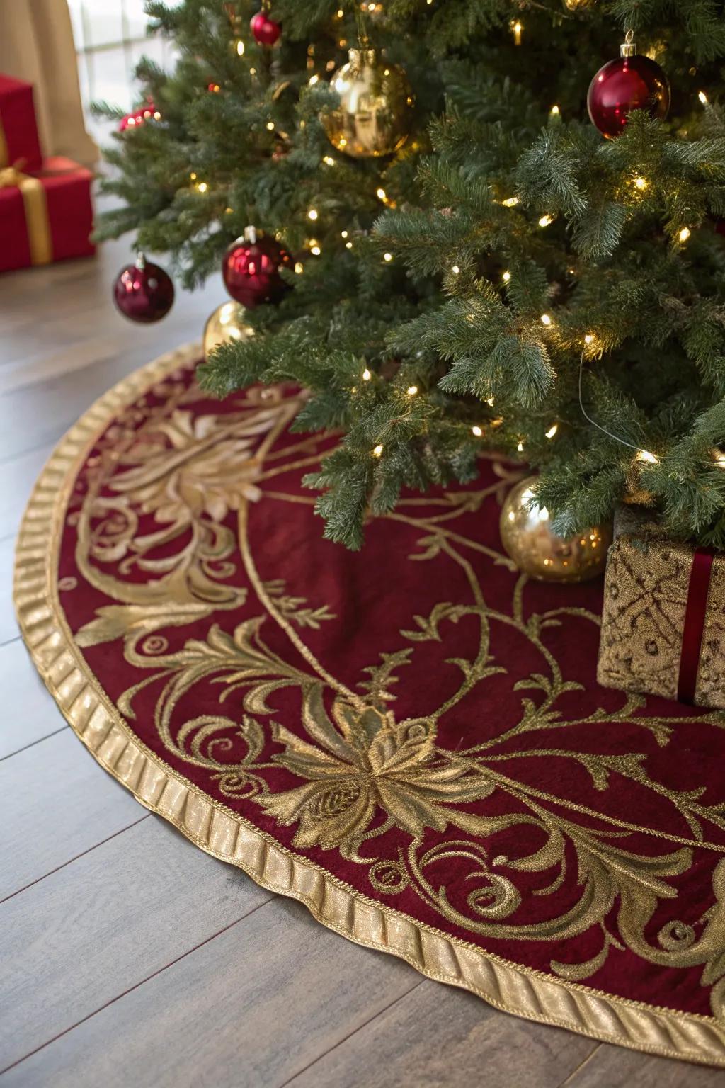 A tree skirt in matching colors completes the festive look.