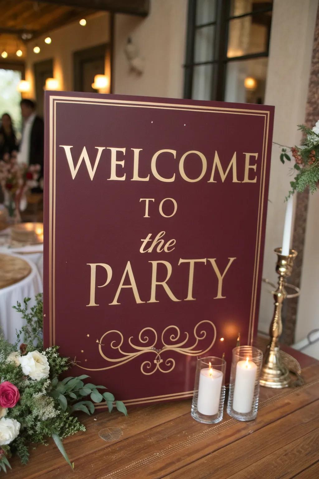 Personalized signage in burgundy and gold offers a warm welcome to guests.