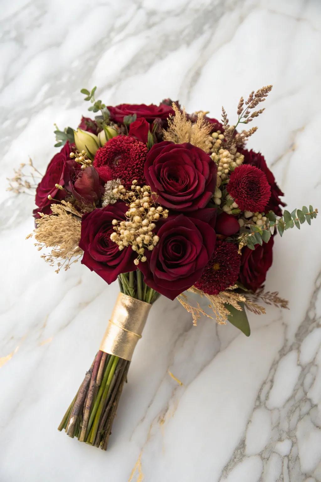 Burgundy bouquet with subtle gold details.