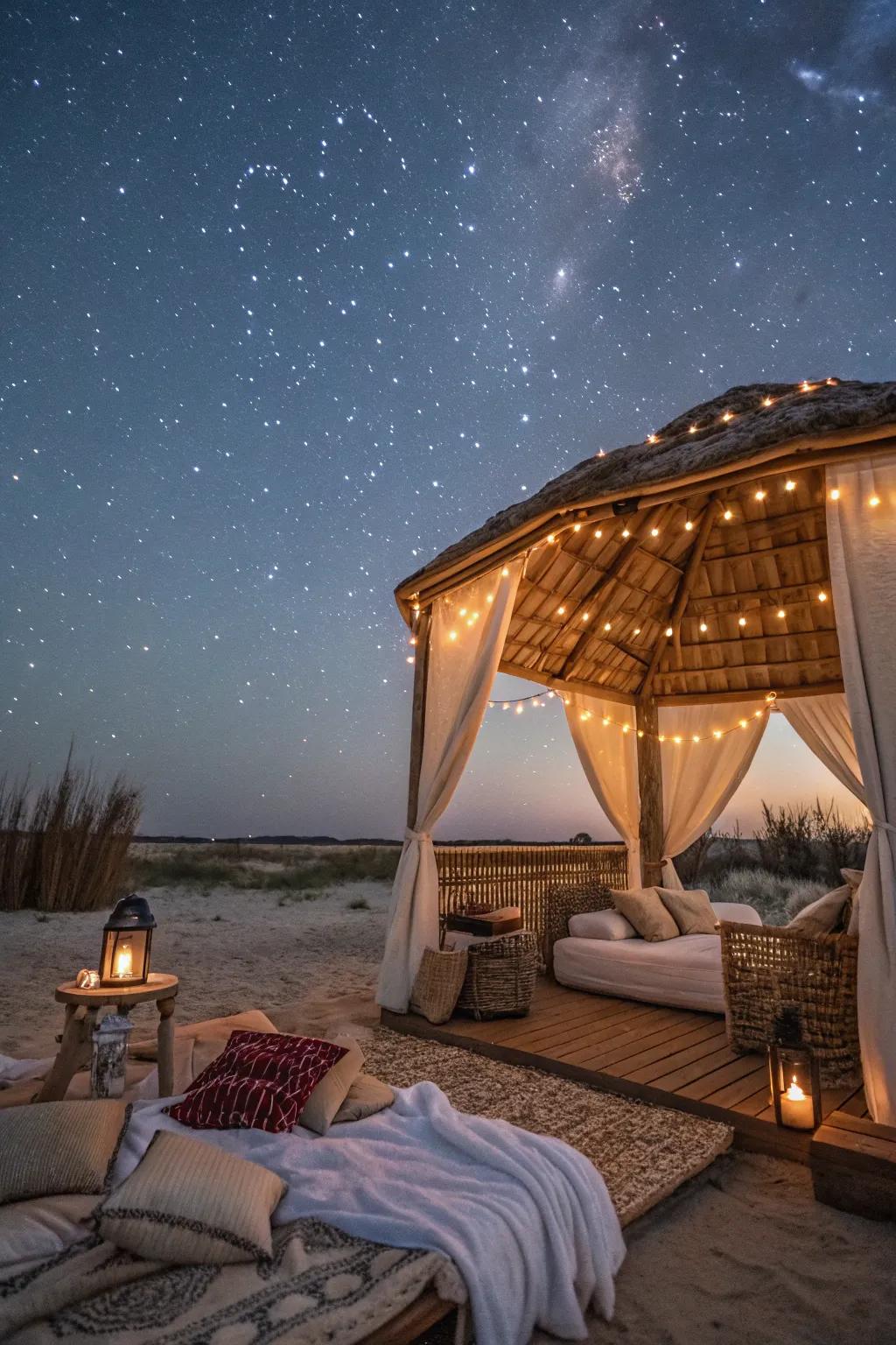 A dreamy cabana set up for stargazing under the stars.