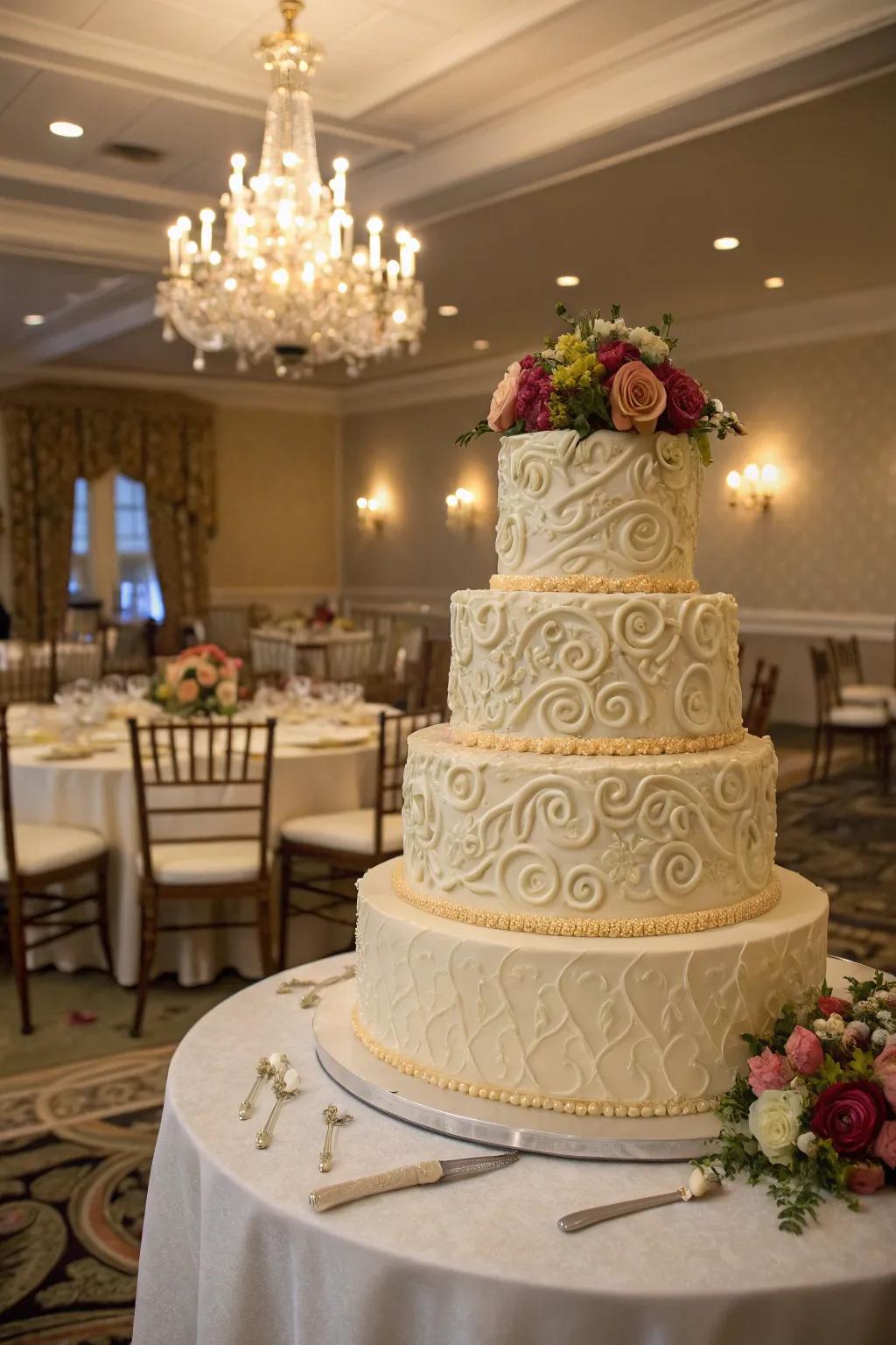 Layered artistry with intricate buttercream designs