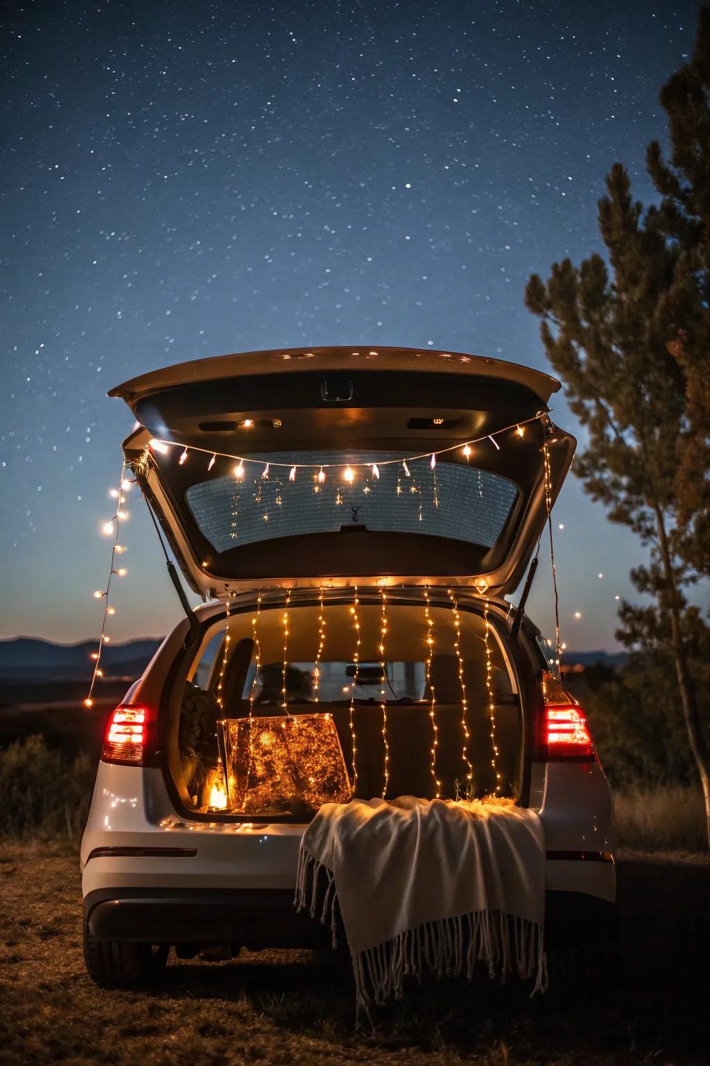 A trunk dazzling with string lights, perfect for evening carnival festivities.