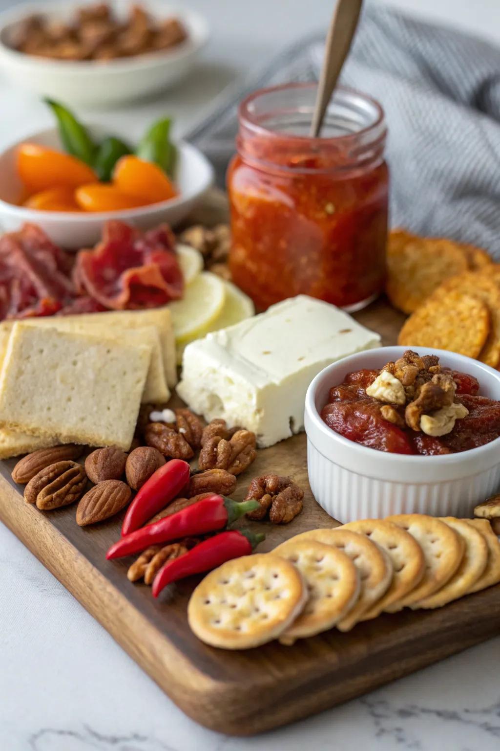A charcuterie arrangement exhibiting a spicy variation.