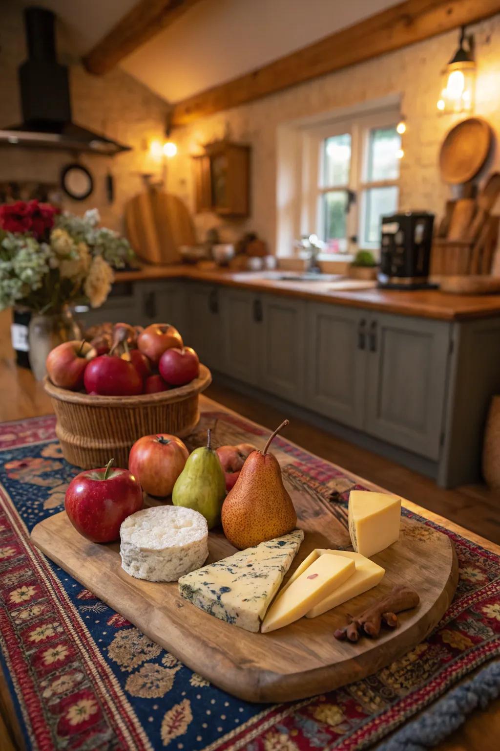 A cheese board featuring fresh seasonal fruits.
