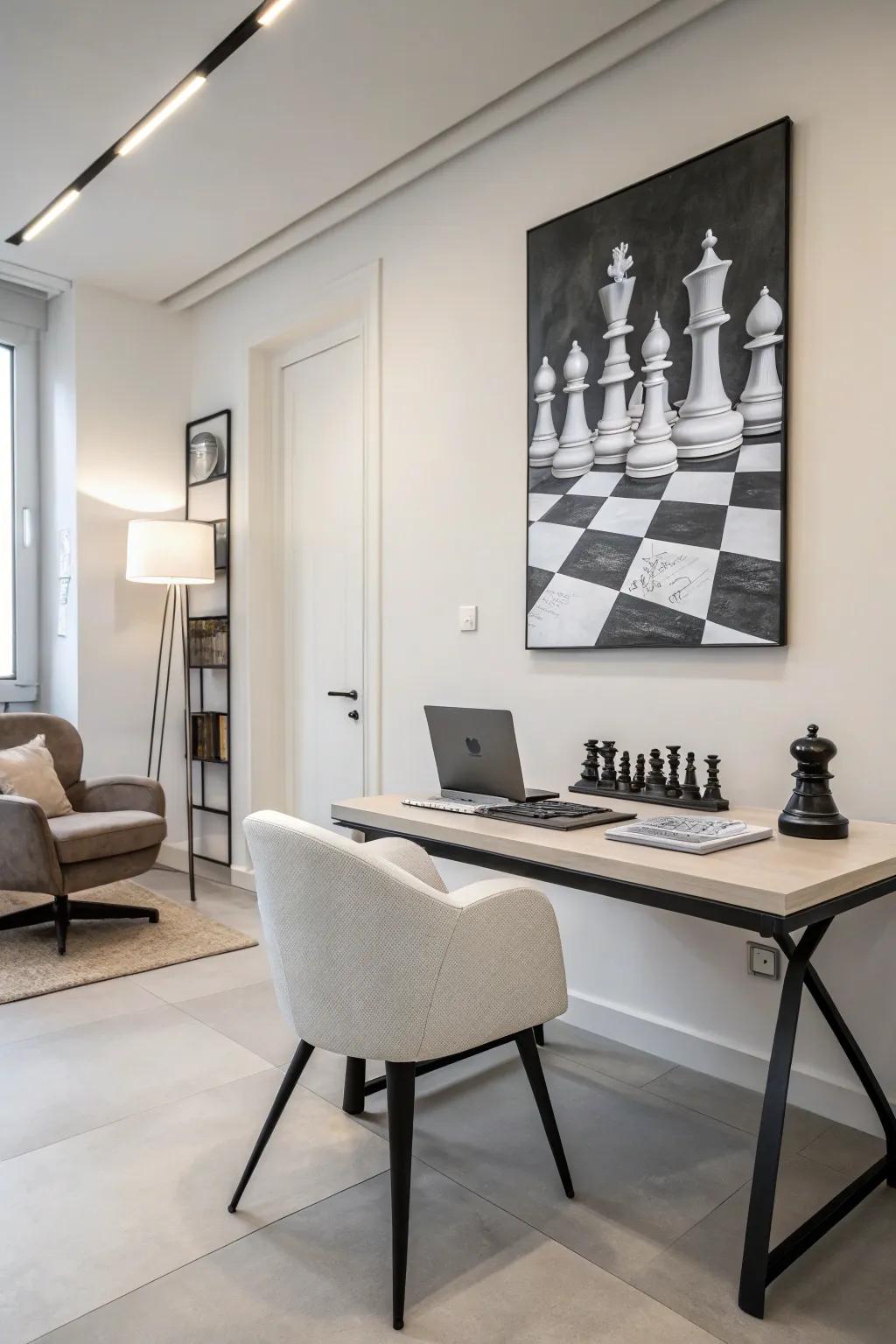 Monochrome chess artistry presents a refined, contemporary appeal.