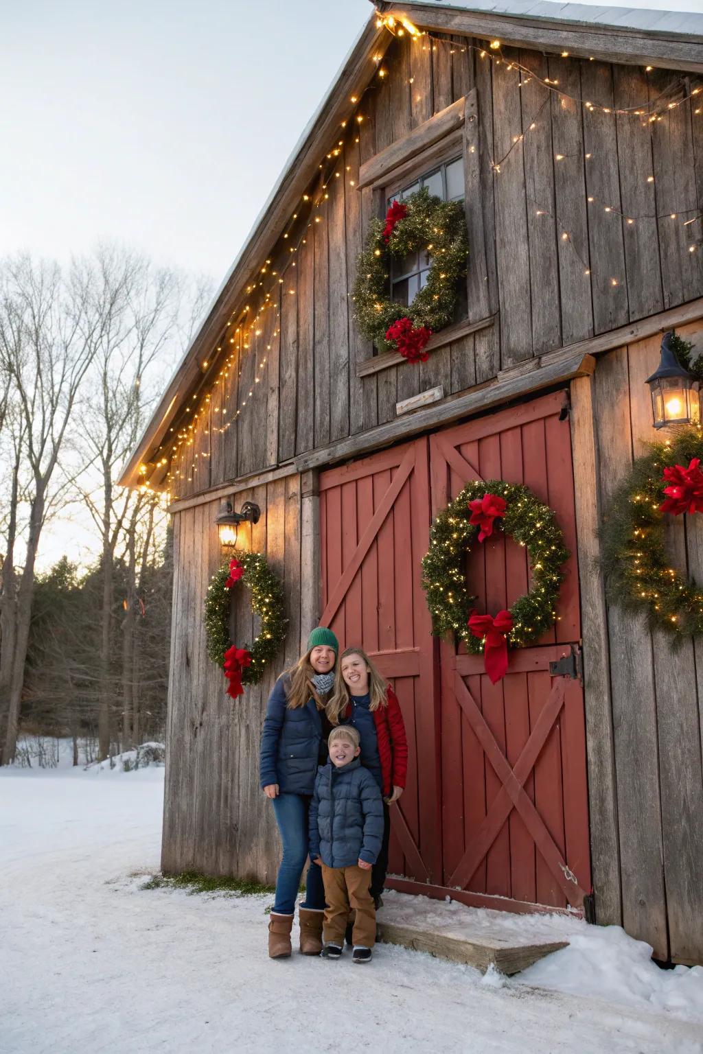 A rustic barn offers a charming backdrop for holiday photos.