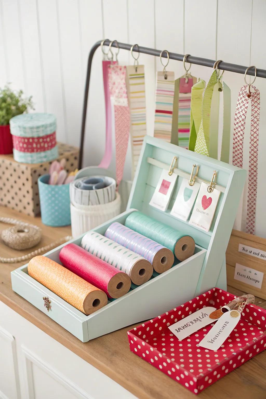 An organized gift wrapping station for the holiday rush.