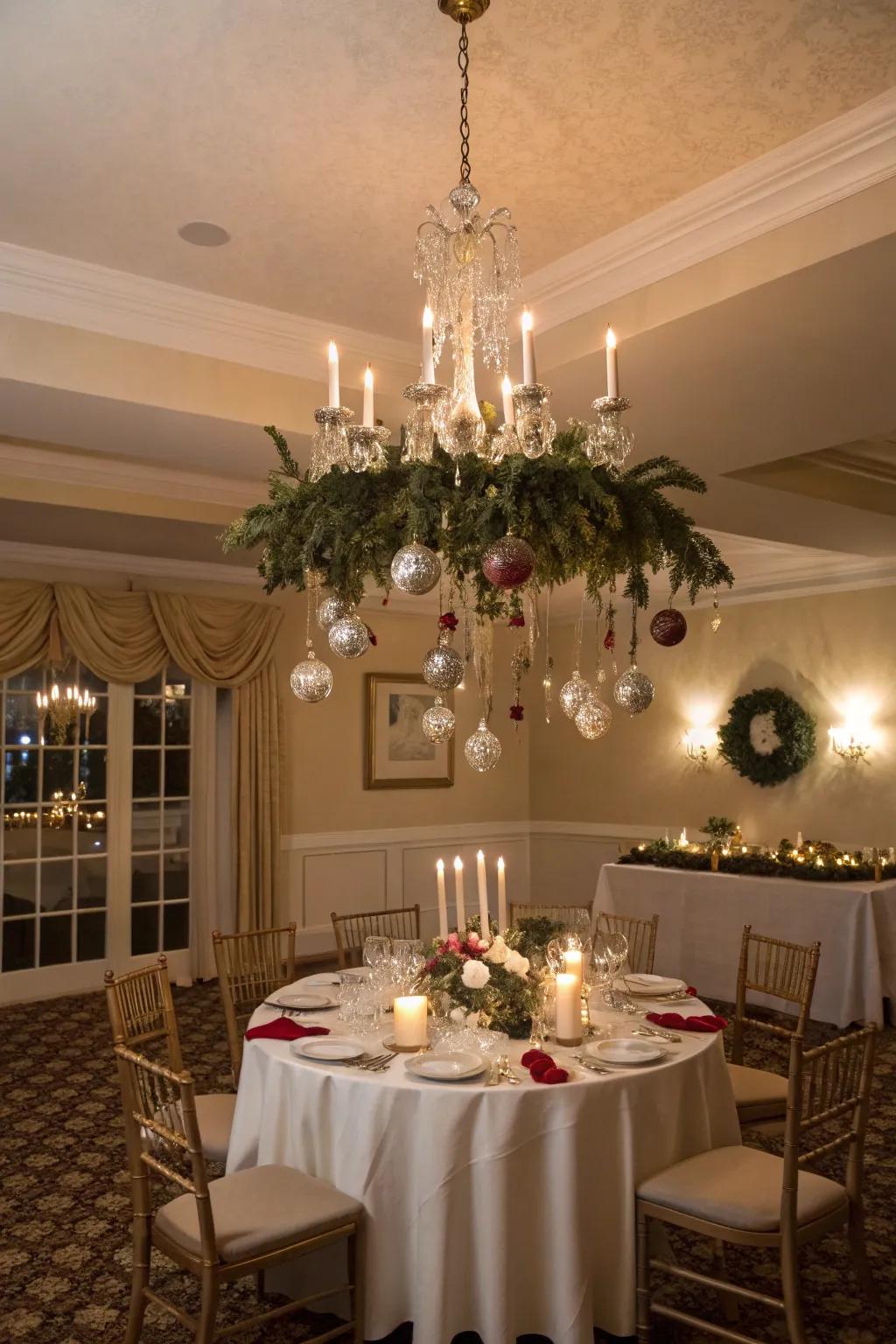 An ornament chandelier adds a festive touch overhead.