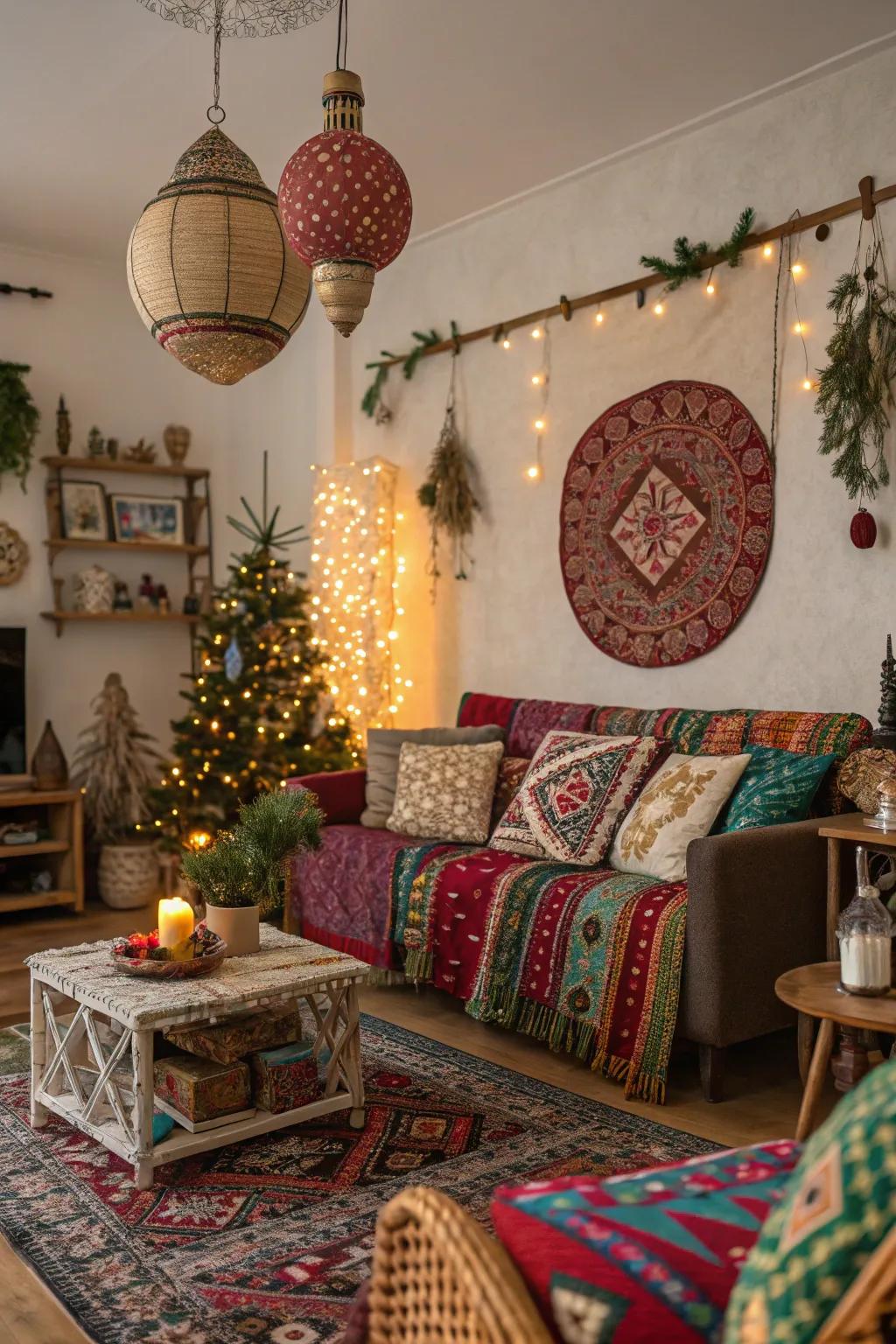 Free-spirited festivities with artistic Christmas decor.