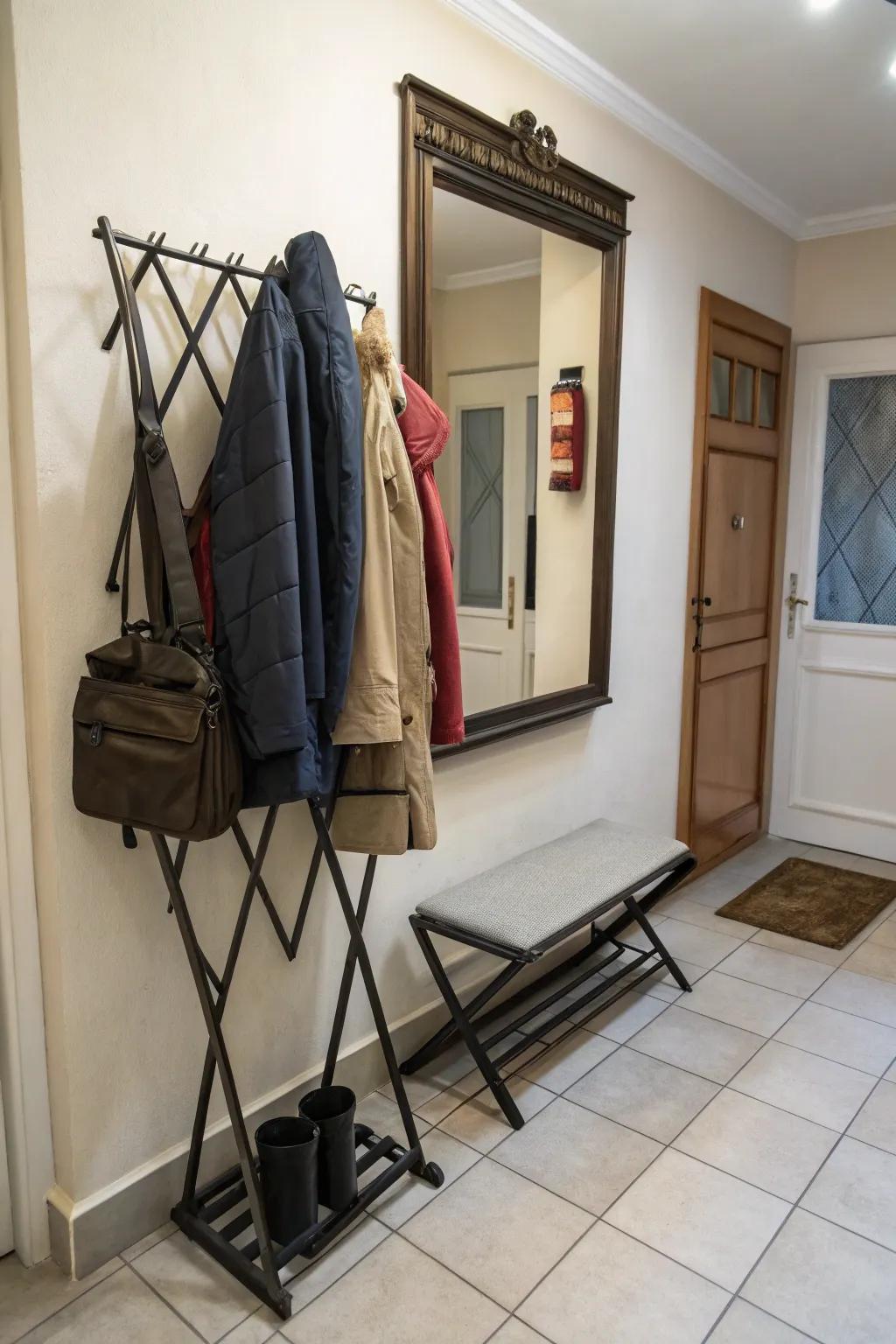 A foldable coat rack ideal for maximizing space in a compact entryway.