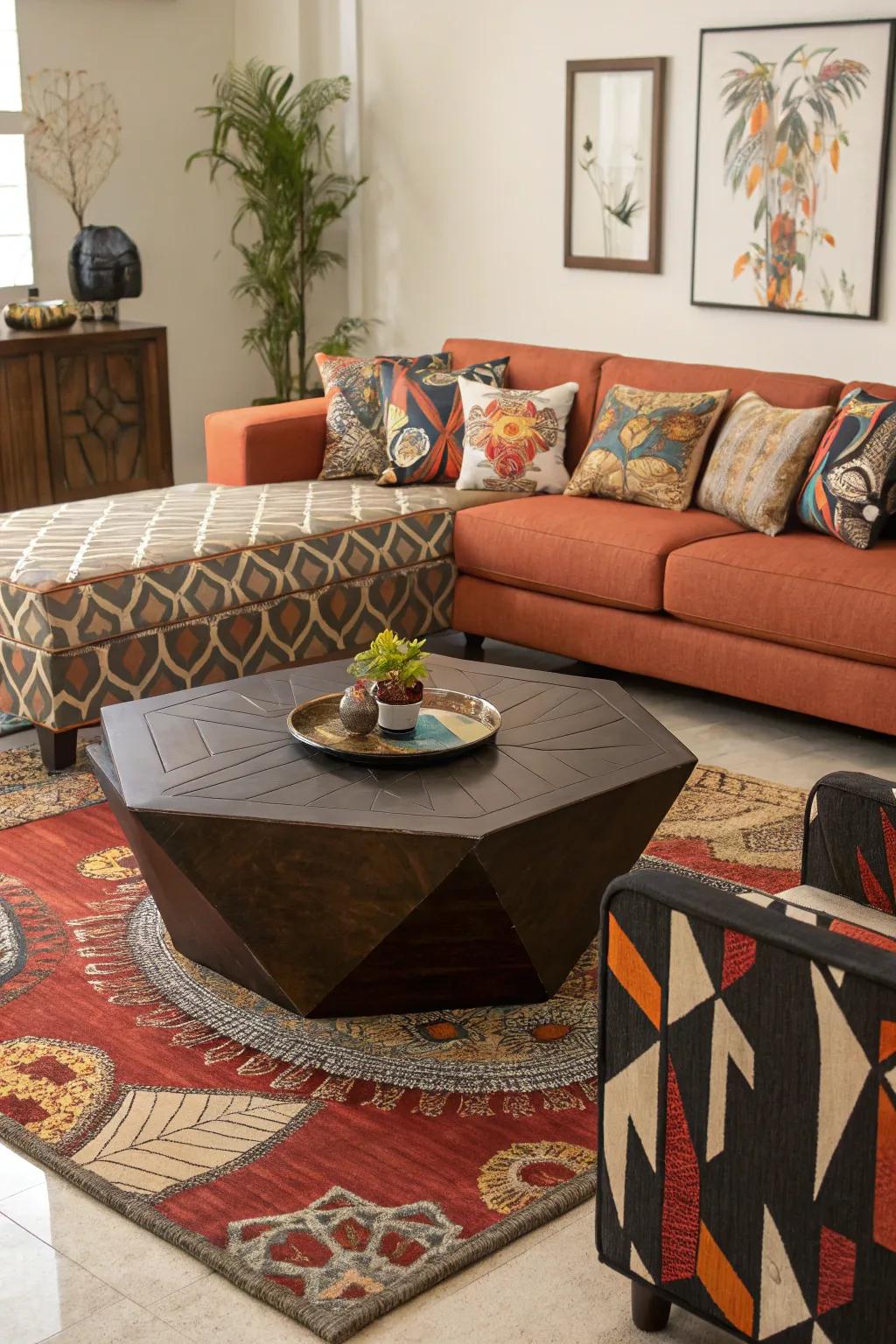 A uniquely shaped coffee table becomes the centerpiece of a creative living room.