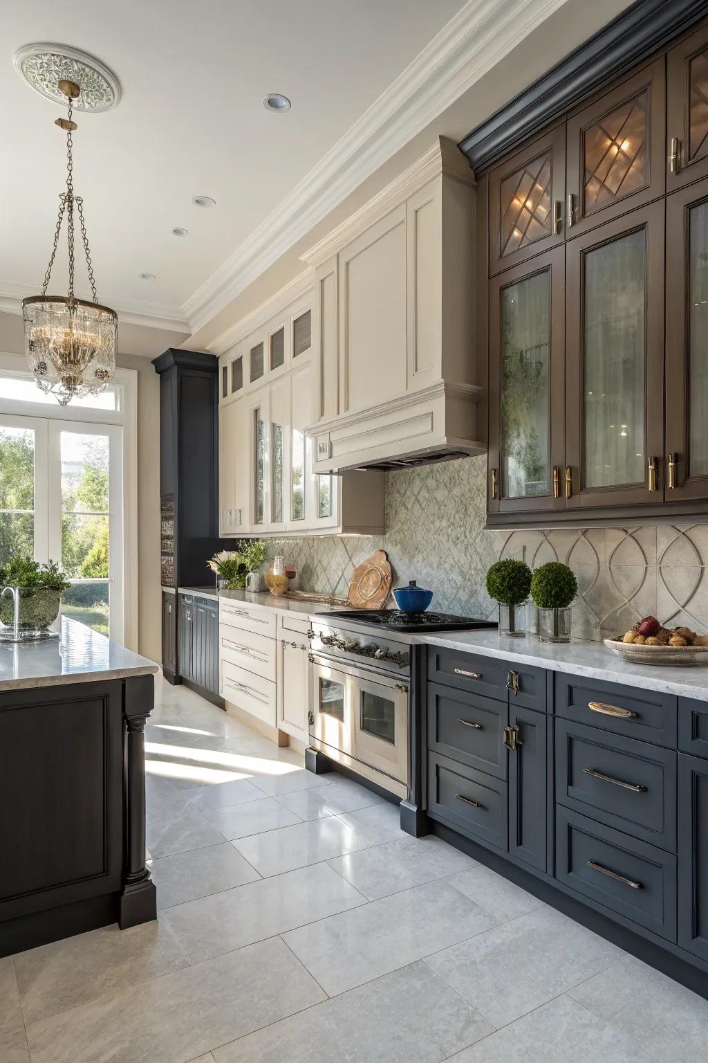 A kitchen with bold two-toned cabinets for a visually interesting and sophisticated look.