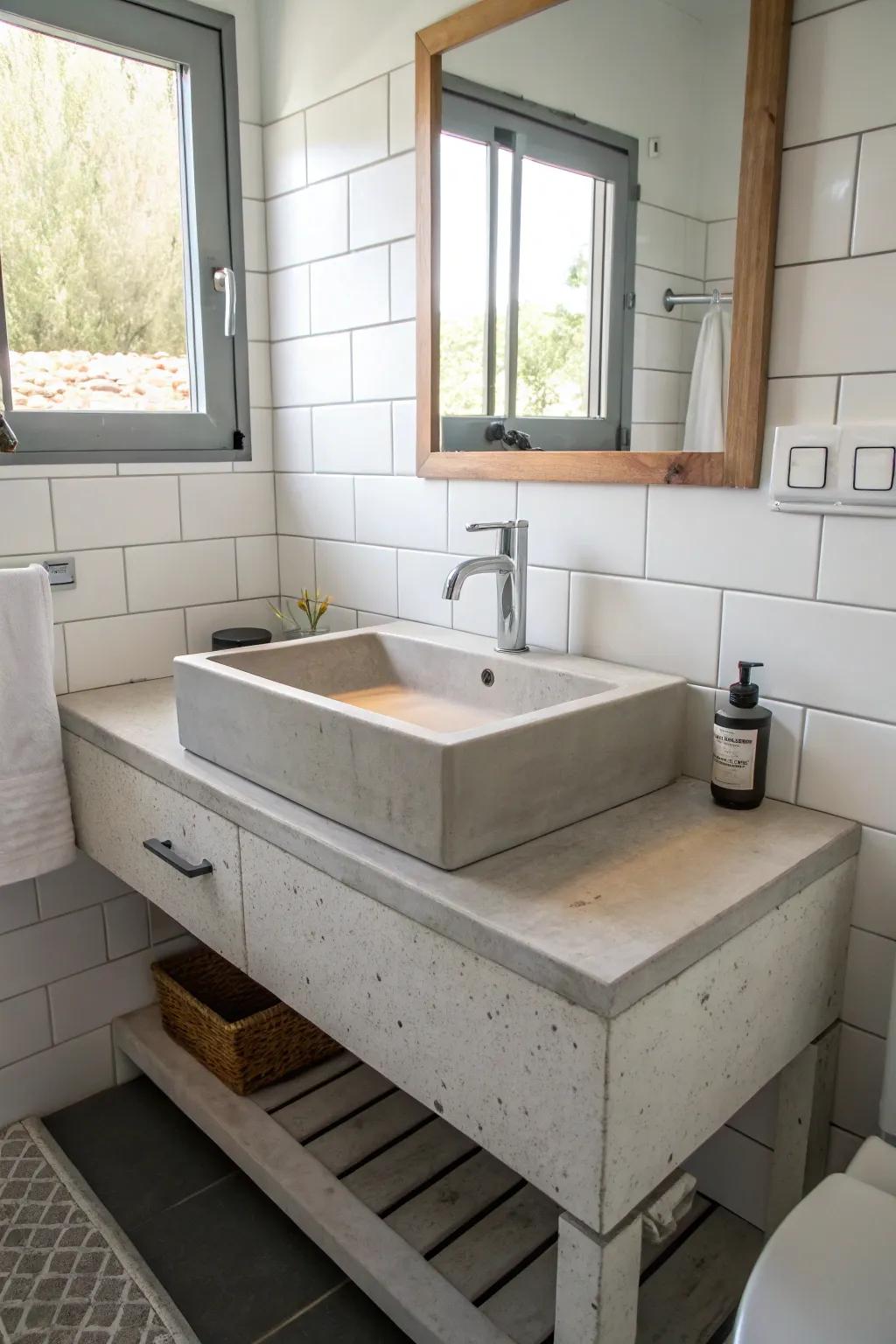 Floating concrete sink in a compact bathroom.