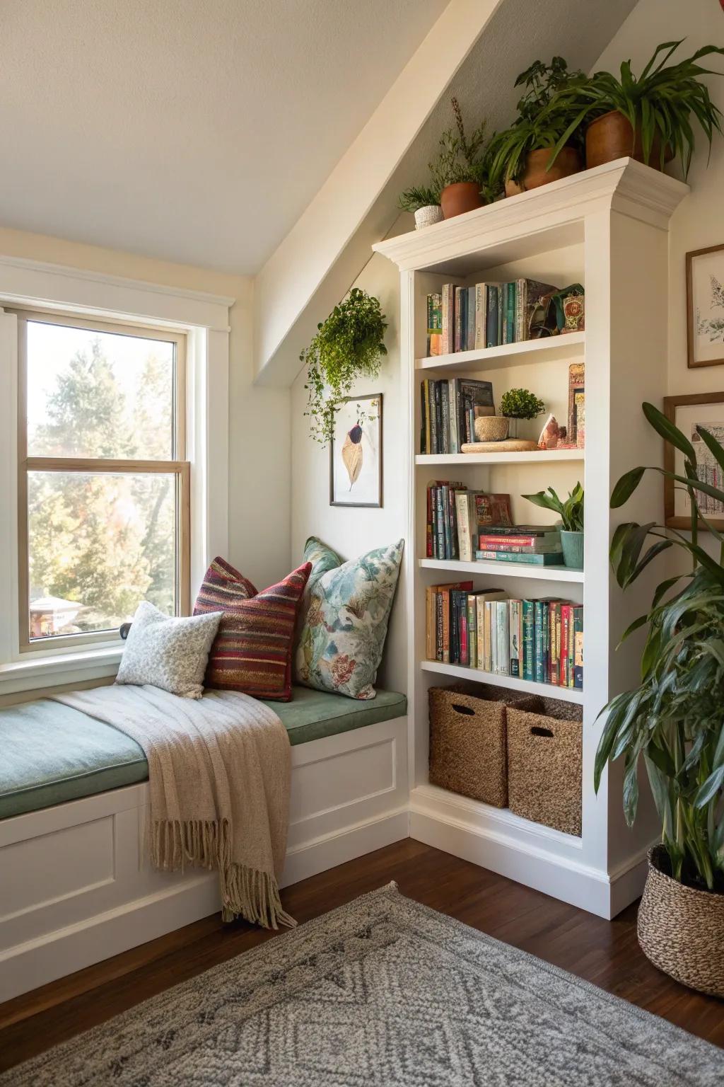 Bookshelves with seating offer comfort and functionality.