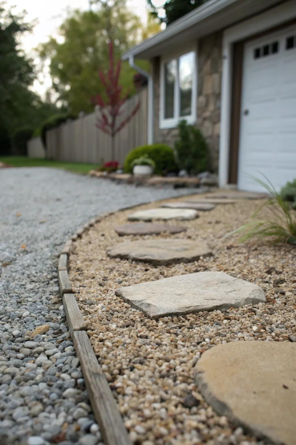 Gravel and stepping stones establishing a rustic, permeable driveway.