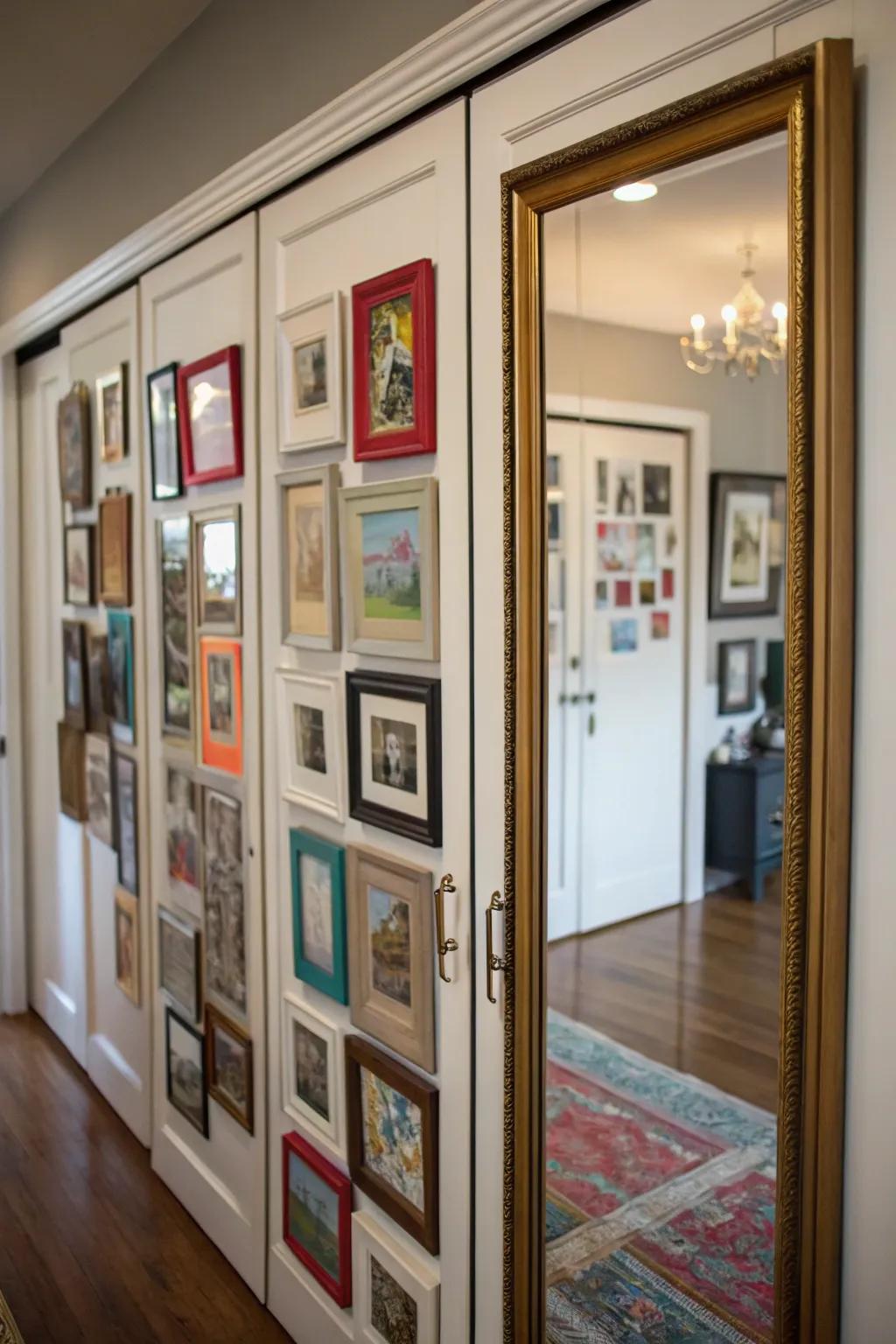 A gallery wall phenomenon personalizes mirrored doors attractively.