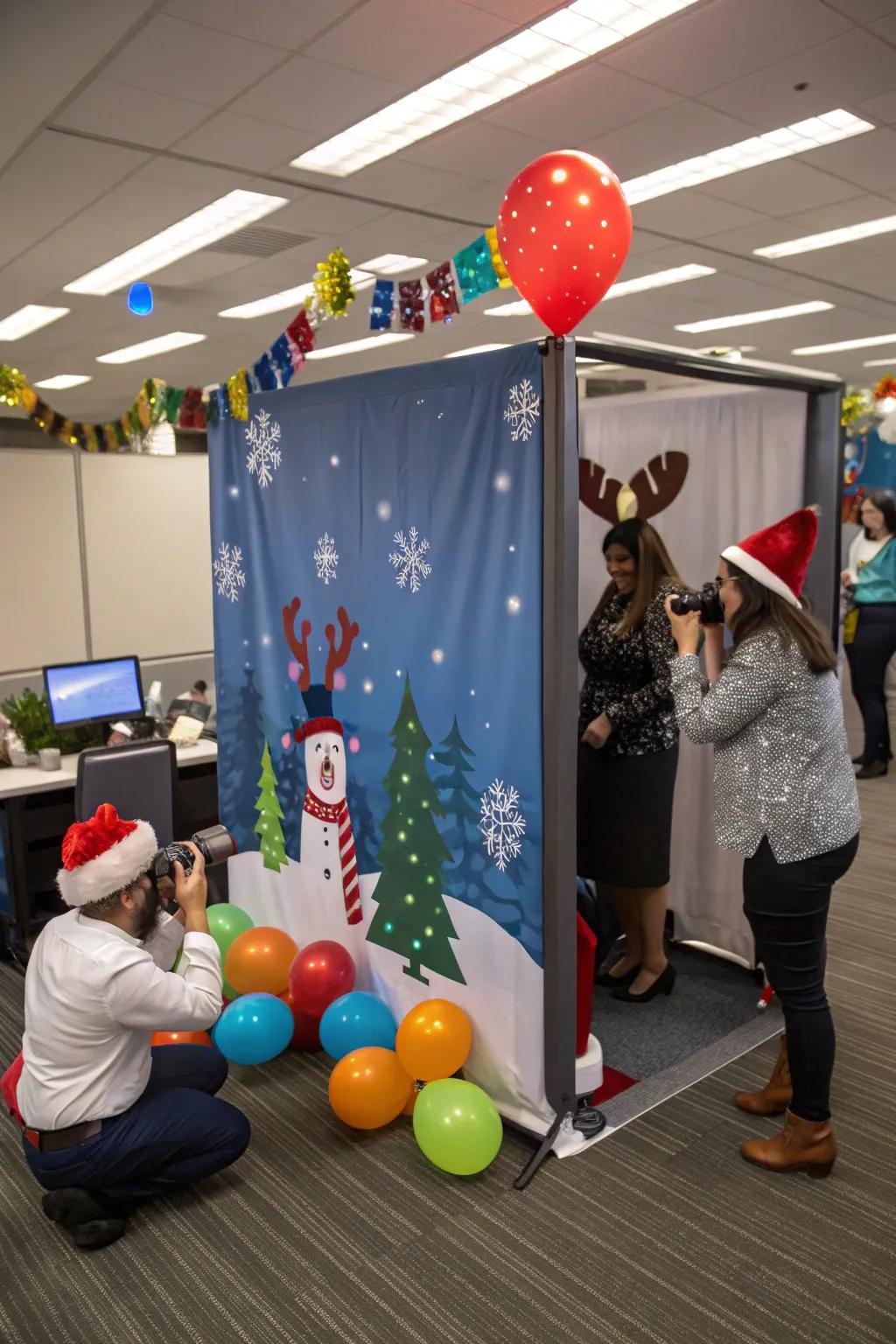 Capture festive moments with a holiday photo booth in the office.