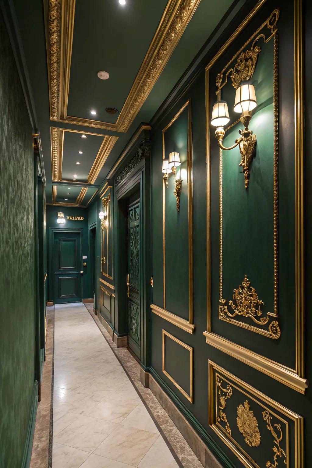 Gilded accents elevate the elegance of the forest green hallway.