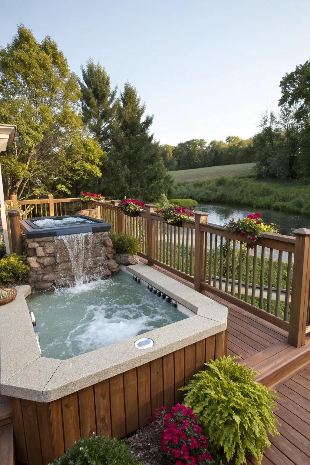 The soothing sound of a waterfall enhances relaxation near the hot tub.