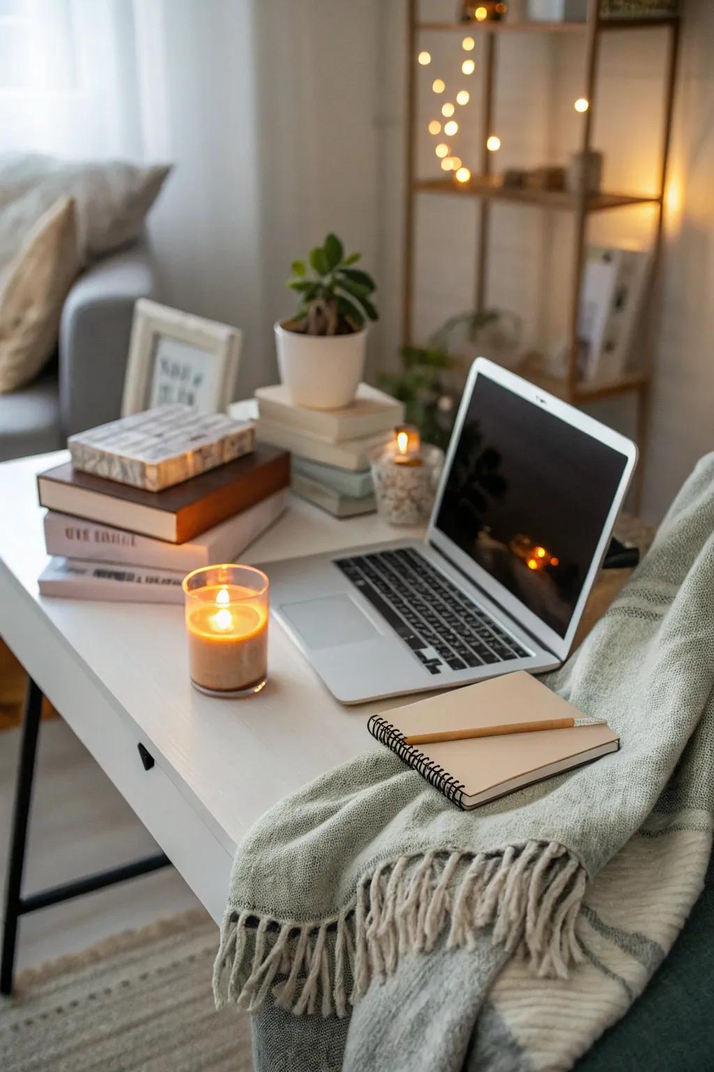 A cozy corner on a desk providing a relaxing retreat.