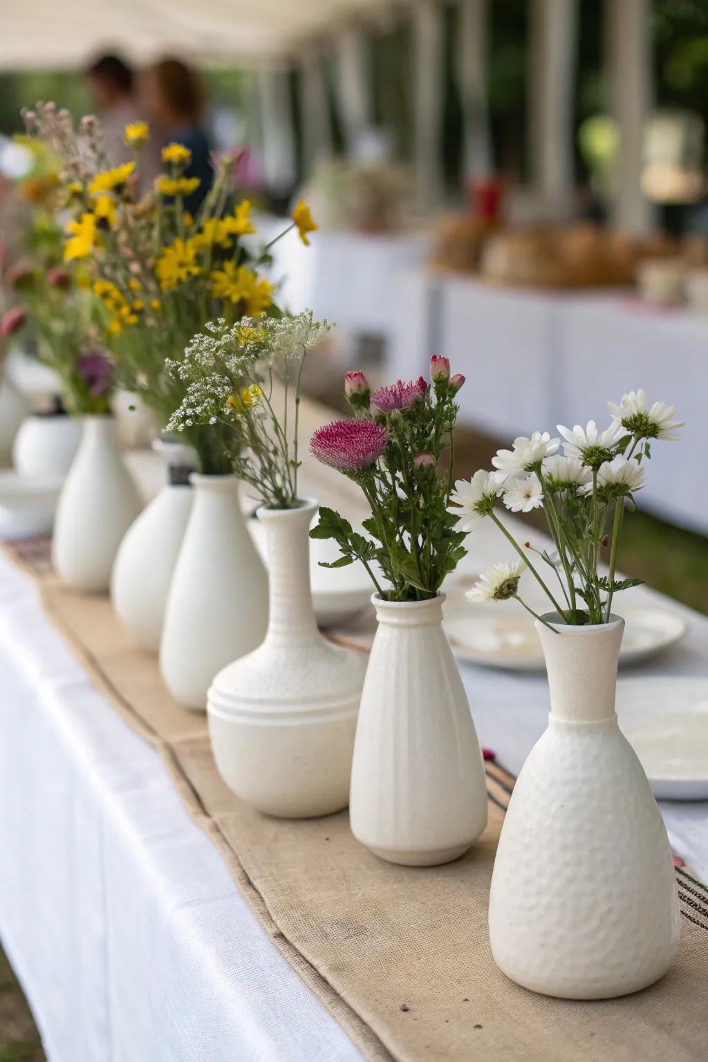 Ivory fired clay vases present a contemporary aspect to centerpieces.
