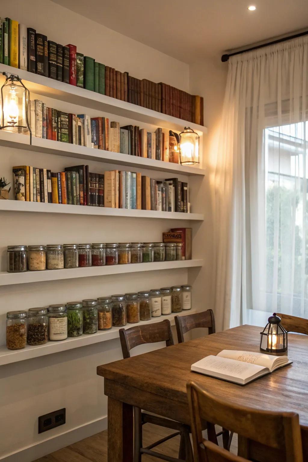 Wall-mounted shelves save floor space while offering ample storage.