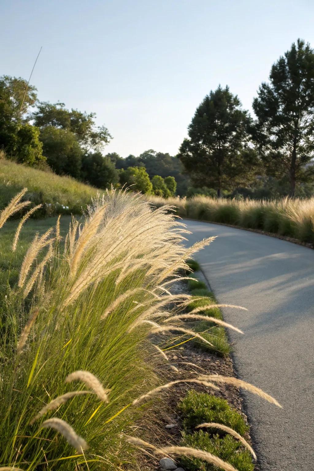 Ornamental grasses infuse motility and softness to the berm.