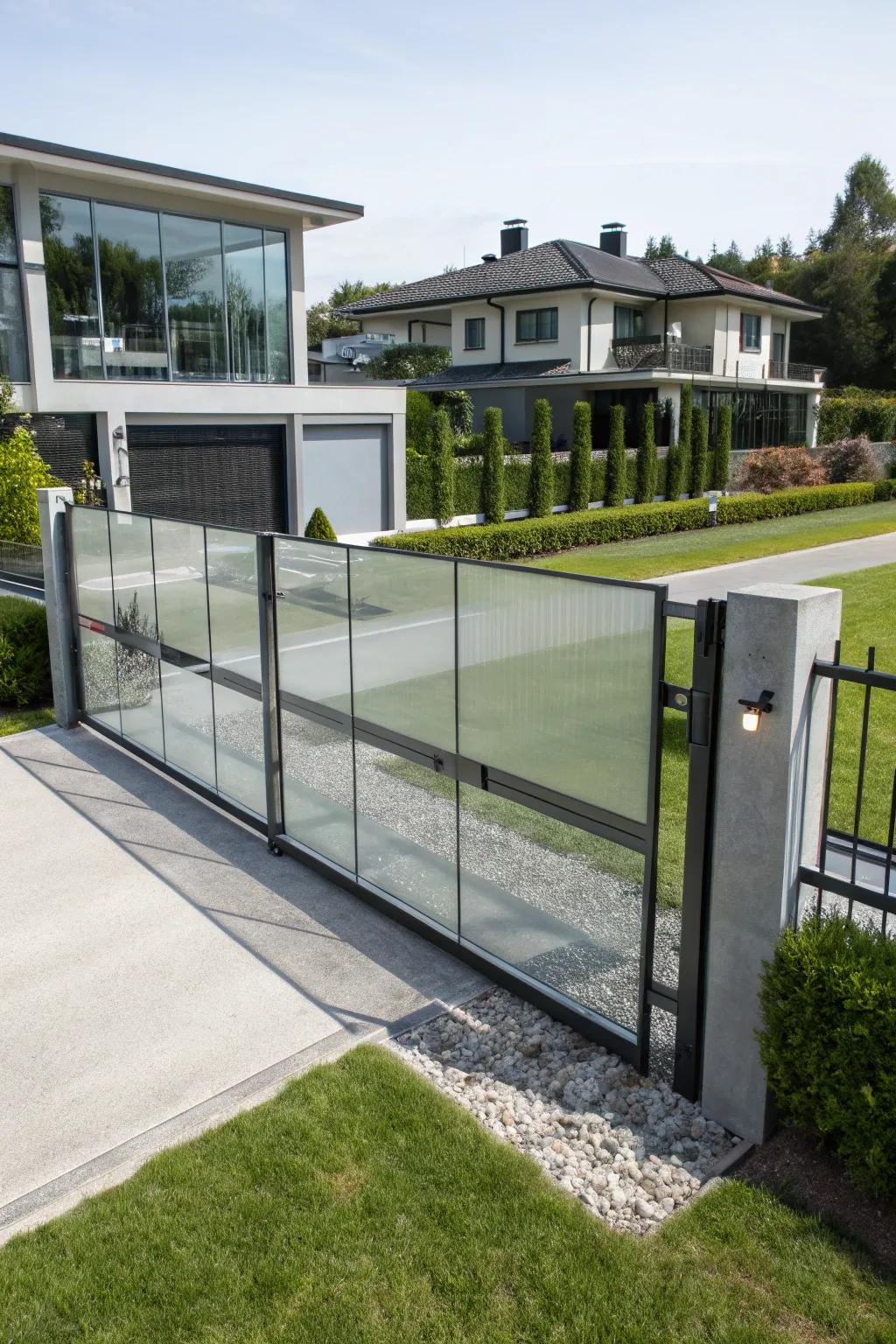 A gate with glass panels offering modern transparency and style.