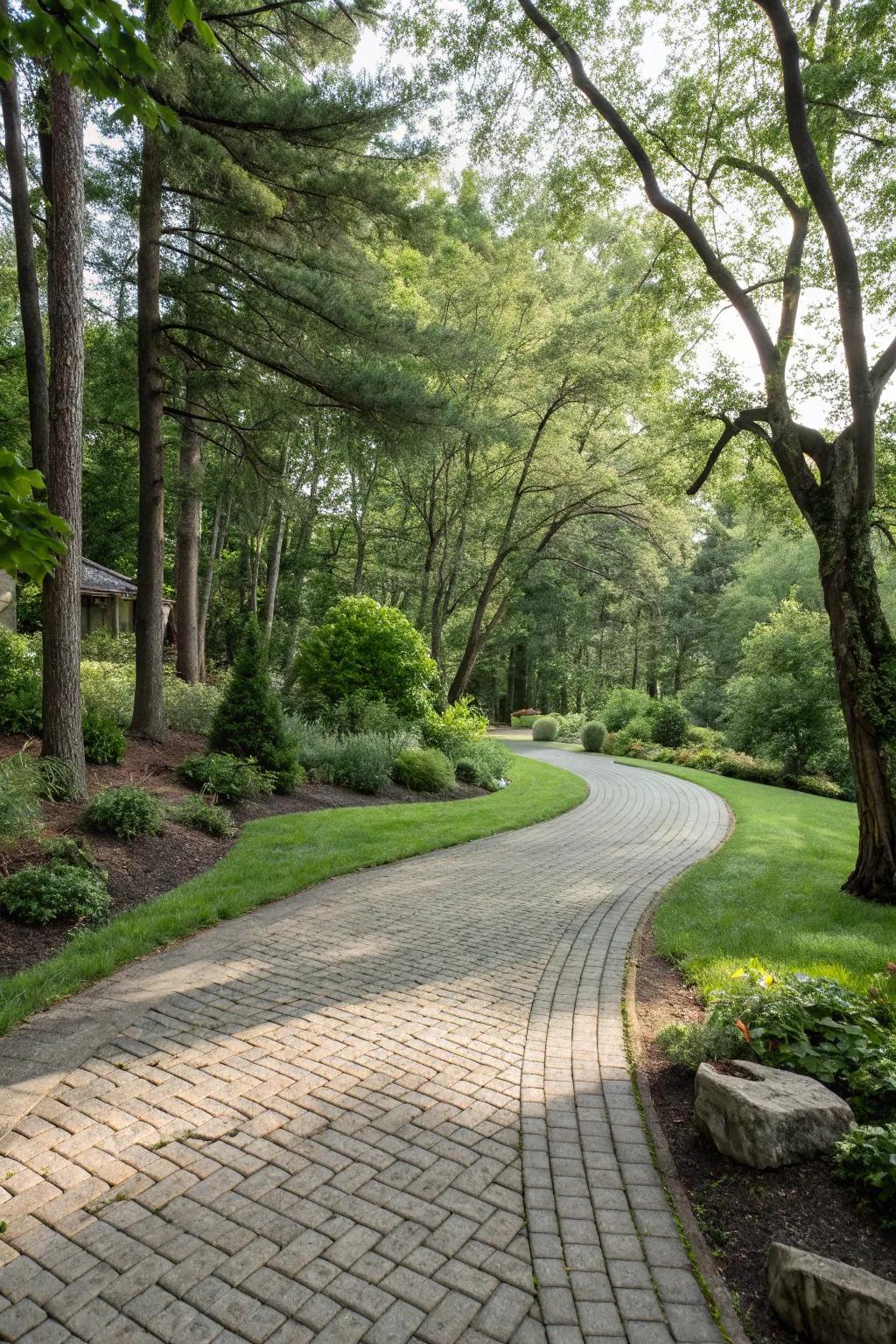 Depth and dimension with textured paver surfaces in a natural setting.