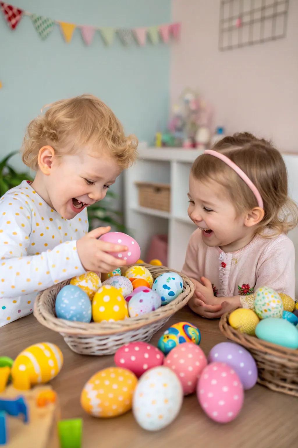 A table adorned with gems embellished in cheerful hues crafted by young children.
