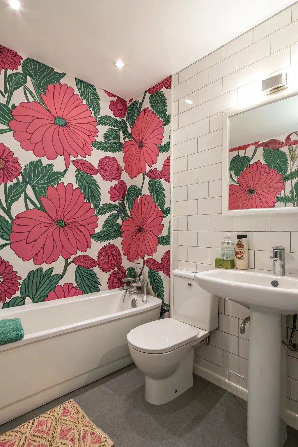 A lavatory showcasing striking flower-patterned wallpaper for added drama.