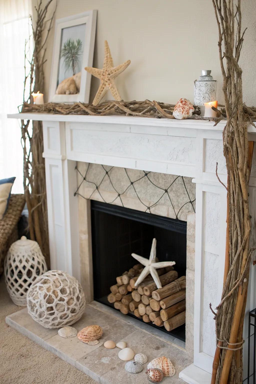 Bring coastal charm with nautical decor in your fireplace.