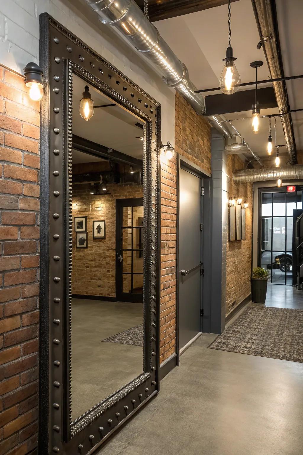 A metal-framed mirror adds industrial edge and modernity to the entryway.