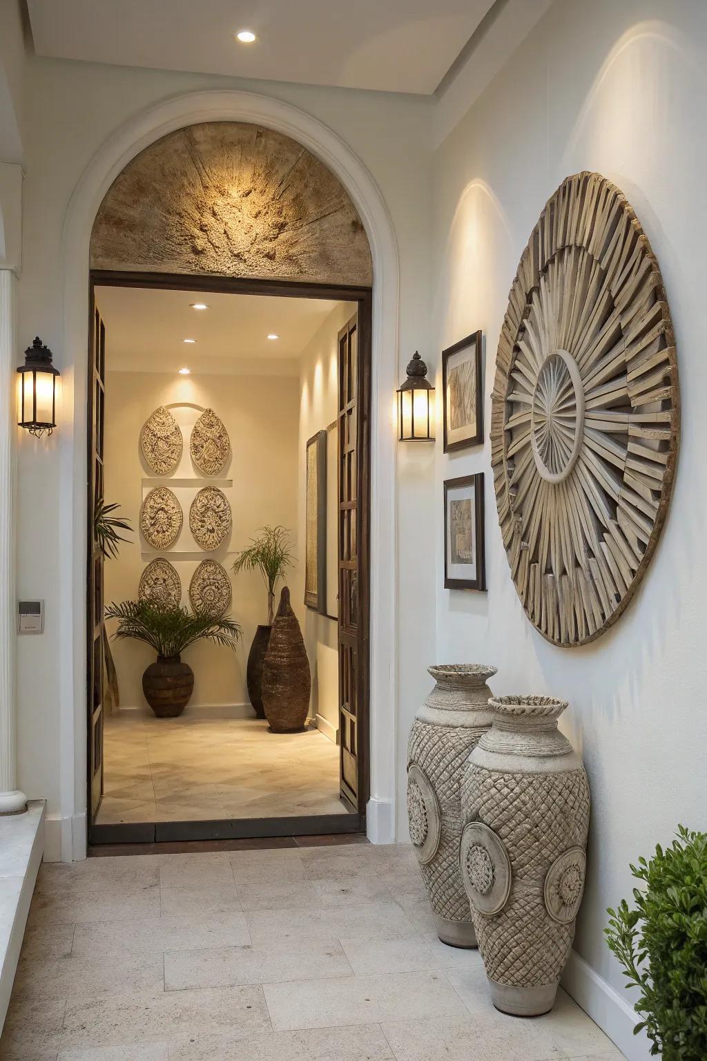 Sculptural wall art adds dimension and sophistication to entryways.