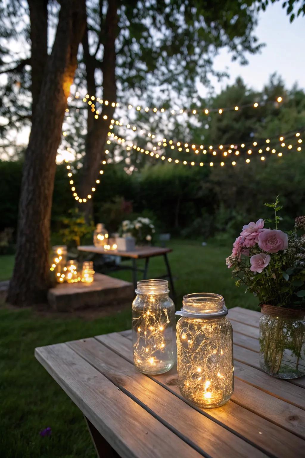 Jars filled with fairy lights create a floating light effect.