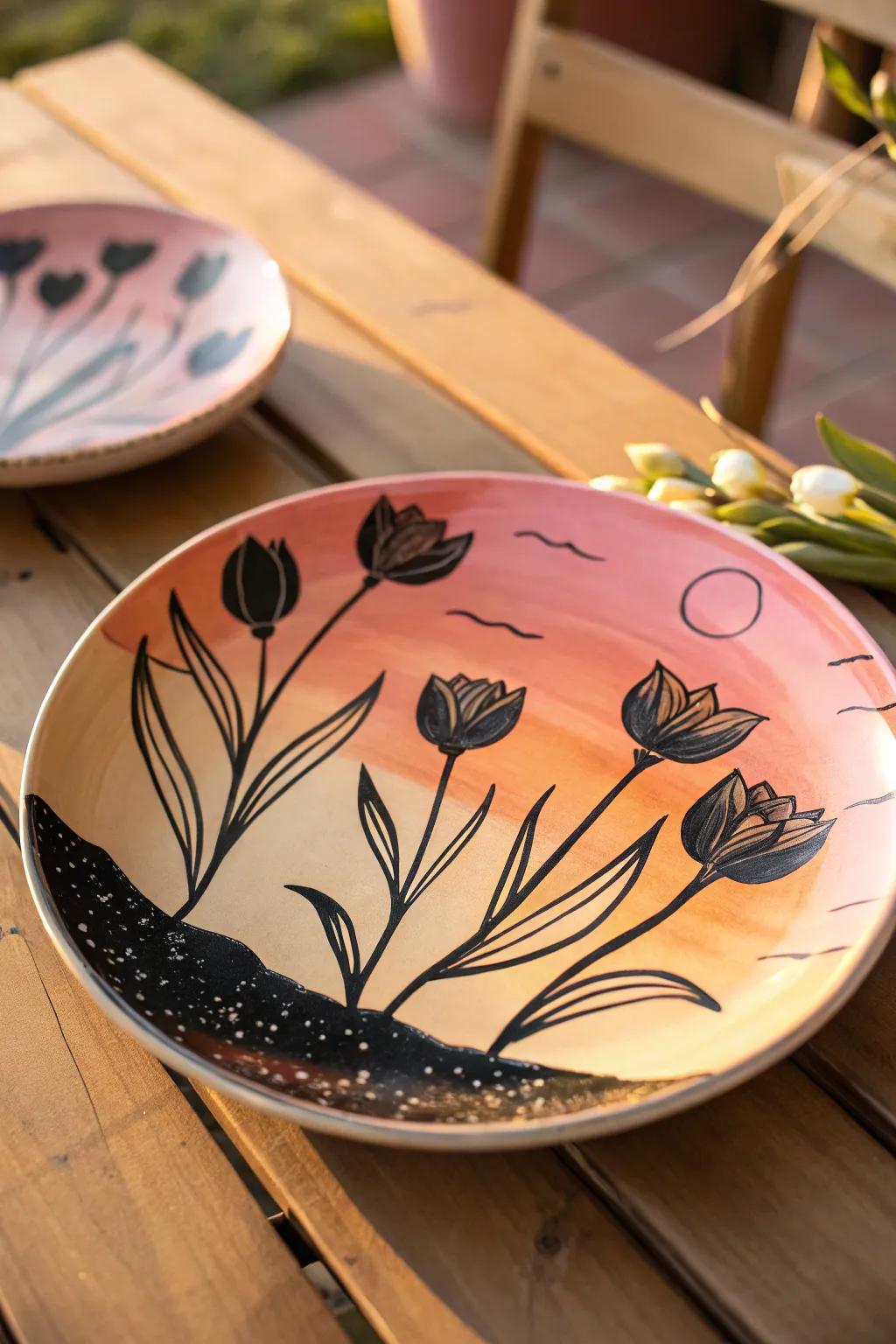 Tulip silhouettes in sunset hues create a peaceful, elegant design.