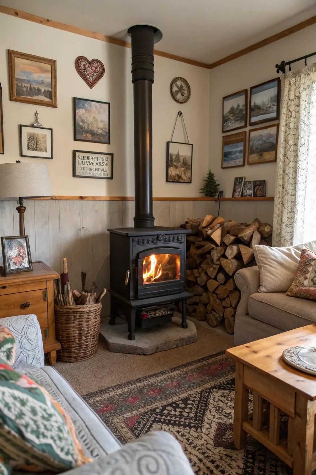 Artwork and decor enhance the visual appeal of the stove.