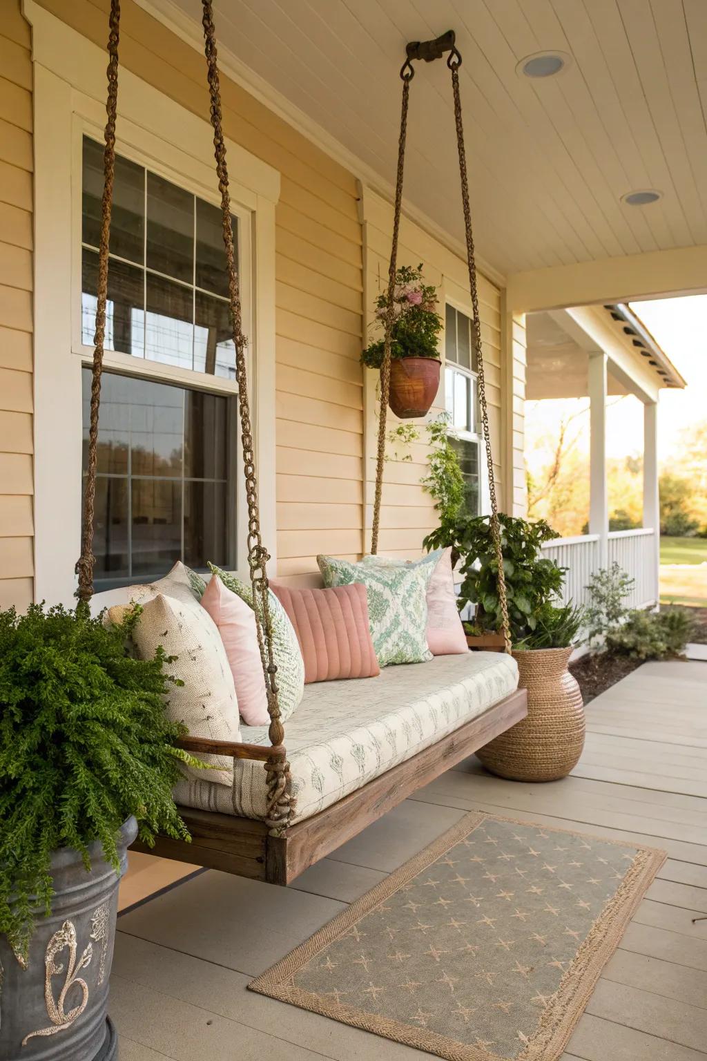 A hanging swing adds a playful and relaxing touch to your porch.