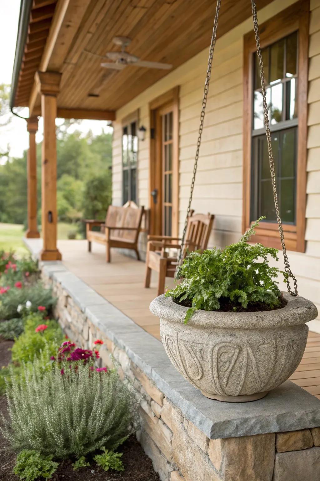 A front porch incorporates timber accents and a lithic planter.