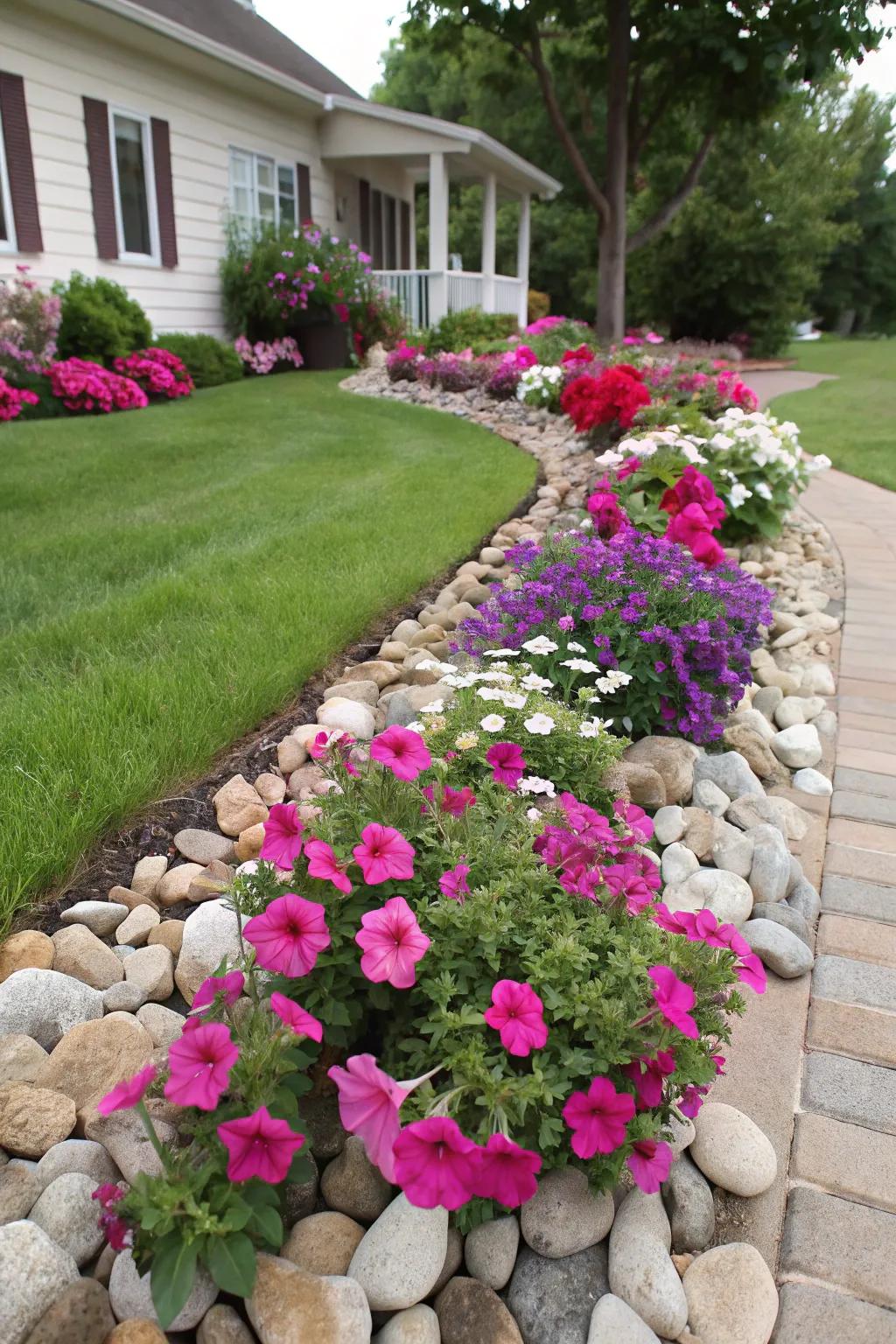 A sophisticated garden theme featuring geraniums with decorative stones.