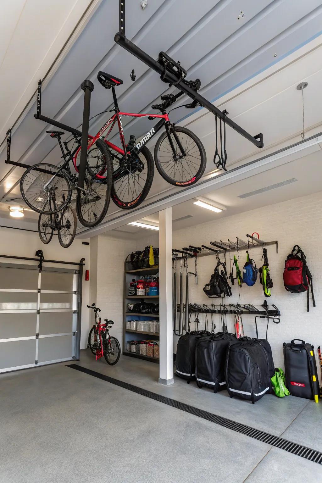Utilizing overhead space keeps the floor uncluttered and well-organized.