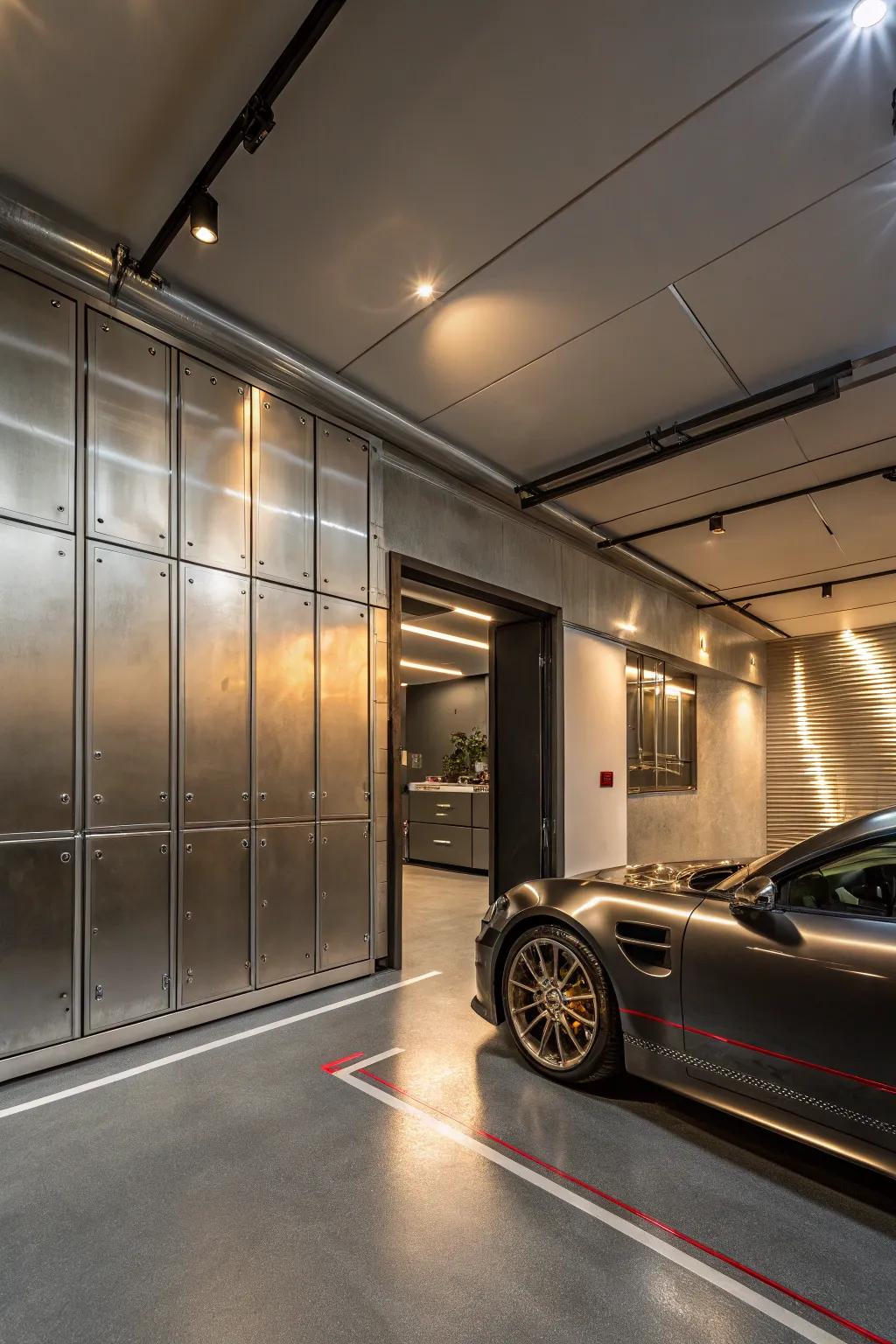 Metallic accents introduce a luxurious shimmer to garage aesthetics.
