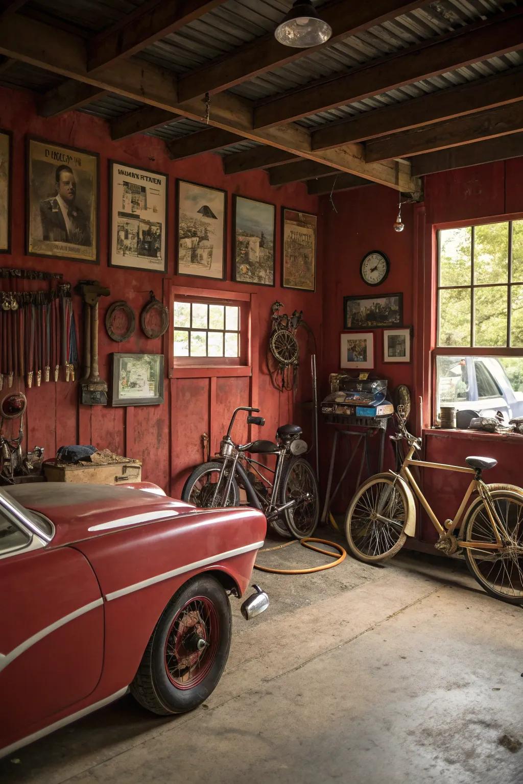 Rustic reds for a cozy garage.