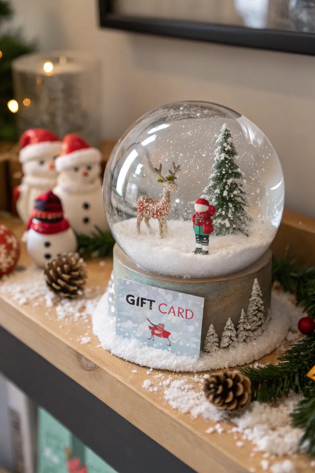 Gift cards acquire a magical quality within a snow globe.