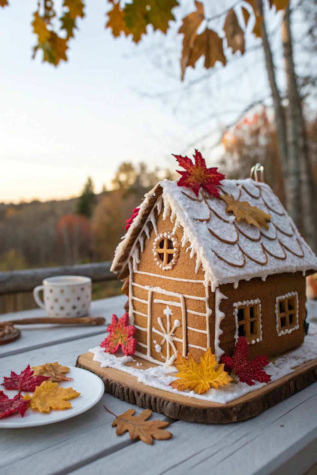 Candied leaves add a touch of green to the gingerbread cabin.