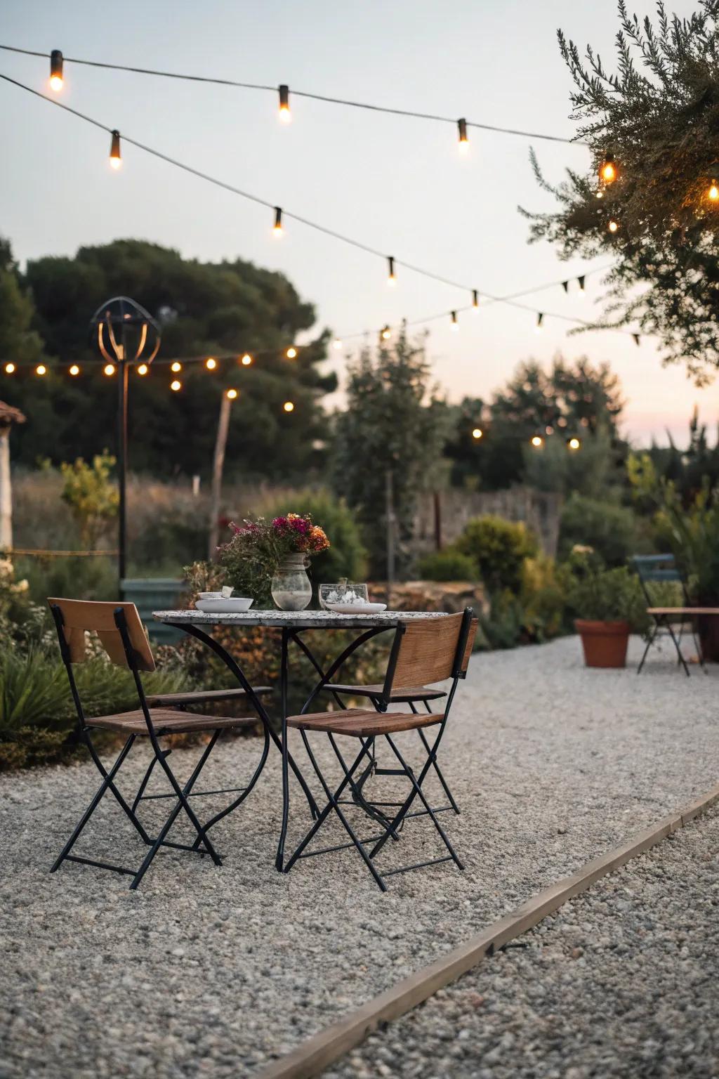 A gravel patio transformed into a delightful outdoor dining space.