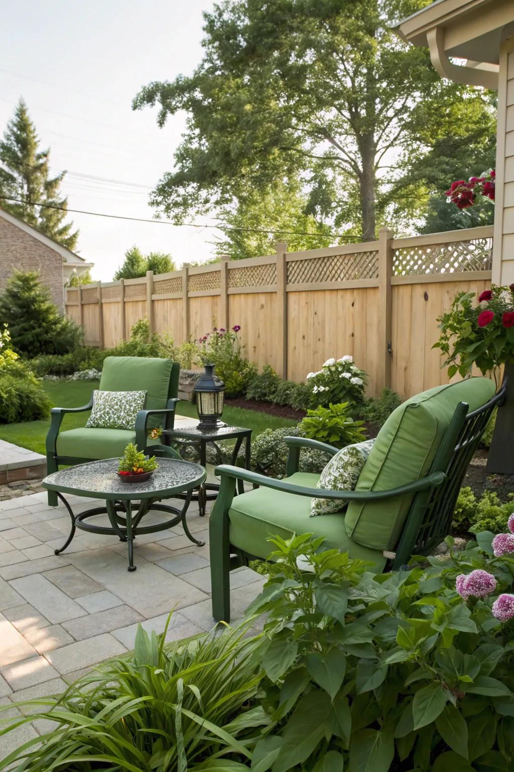 Green decor extends seamlessly to outdoor spaces.